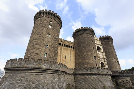 Full view of Maschio Angioino (Castel Nuovo) in Naples, Italy, Campania region on a sunny dayのeditorial素材