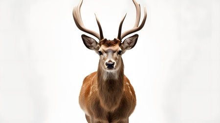 Portrait of a wild deer with large antlers on a white backgroundの素材