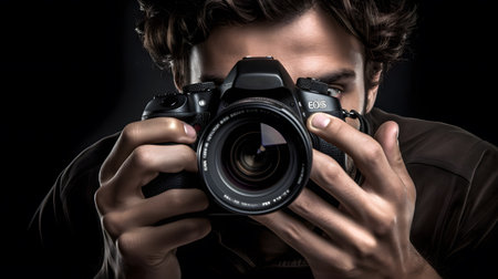 Photographer taking a picture with a DSLR camera. Dark background.の素材