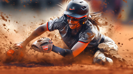 Softball player in action on the field. 3D rendering.の素材