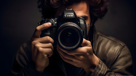 Portrait of a young man with a camera on a dark backgroundの素材