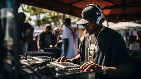 young african american DJ playing music on dj mixer at outdoor festivalの素材