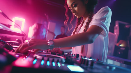 attractive african american dj playing music on mixing desk at nightclubの素材