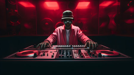 African american DJ playing music on midi controller at nightclub with red lightsの素材