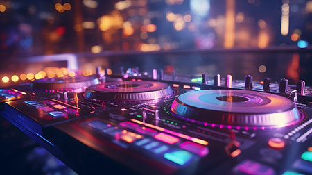 Dj mixer in nightclub with bokeh lights on the backgroundの素材