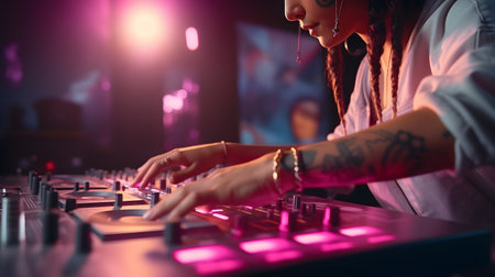 Close-up of a female disc jockey mixing music at the nightclub.の素材