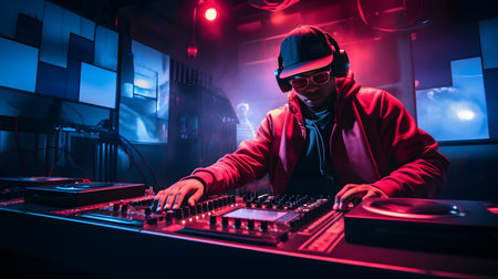 Professional DJ playing music in the nightclub. Nightlife and entertainment concept.の素材