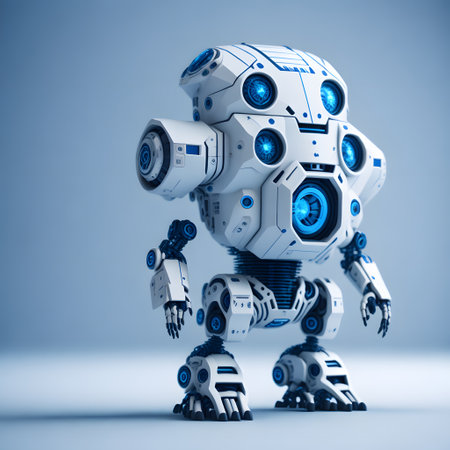 Rendering of a robot isolated on a blue background with shadowの素材