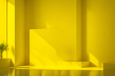 Minimalist yellow background with podium and plant.の素材