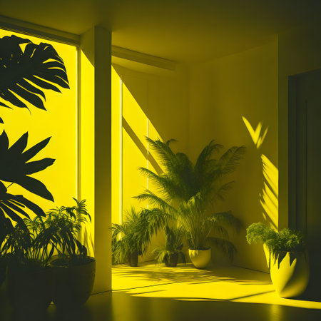 Bright yellow interior with palm trees and plants.の素材
