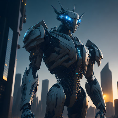 Rendering of a futuristic robot in the city at night.の素材