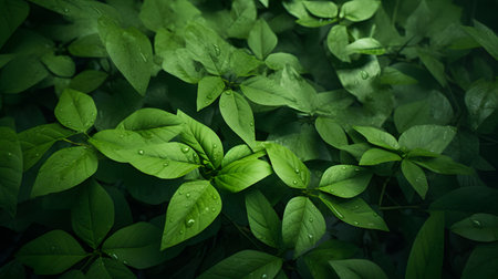 Green leaves with water droplets in the morning. Natural background.の素材