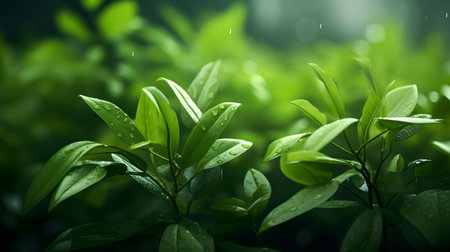Green leaves with drops of water in the morning. Nature background.の素材