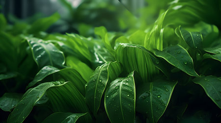 Green leaves background with raindrops, selective focus, nature concept.の素材
