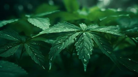 Cannabis plant close-up with water drops on the leavesの素材