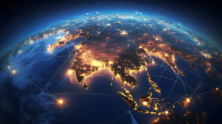 North America from space on planet Earth with international network representing communication, travel and connections. 3D illustration.の素材