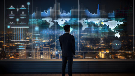 Rear view of businessman looking at night city and digital business interfaceの素材