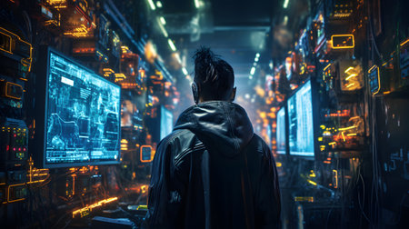 Cyber security concept. Rear view of a young man standing in front of the computer monitors.の素材