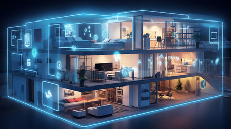3D rendering of a modern home building with blue glowing lights. Technology and AI communication concept.の素材
