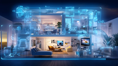 3D rendering of a modern living room. Technology and AI communication concept.の素材