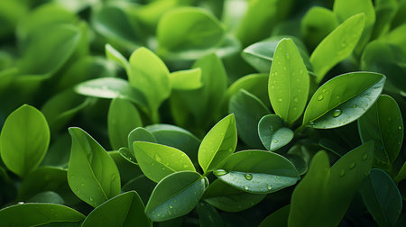 Green leaves with water drops, close-up. Nature background.の素材
