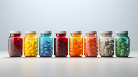 Colorful pills in bottles on white background. 3D rendering.の素材