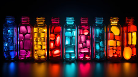 Colorful glass bottles on black background with reflection and copy space.の素材