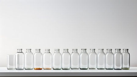 Empty glass bottles on a shelf in a row on a white backgroundの素材