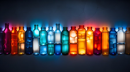 Colorful bottles in a row on dark background. 3d renderingの素材