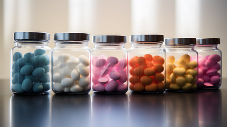 Colorful pills in glass jars on a grey background with copy spaceの素材