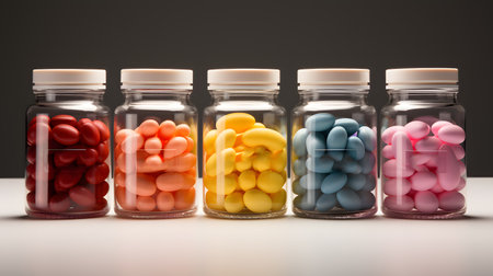 Colorful candies in glass jars on a white table. 3d renderingの素材