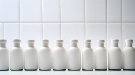 White plastic bottles on a white tile background. Shallow depth of fieldの素材