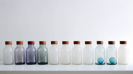 A row of white and blue bottles on a white shelf.の素材