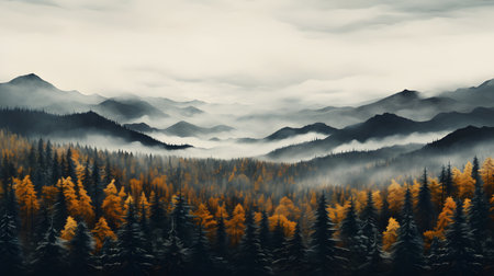 Foggy autumn landscape with mountains and coniferous forest.の素材