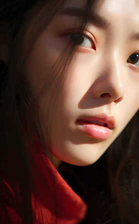 Portrait of a beautiful asian woman with red lips, closeupの素材