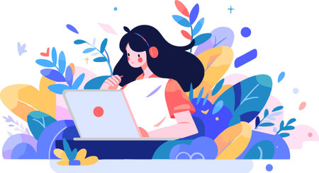 Girl with laptop. Vector illustration in memphis style for web design.のイラスト素材