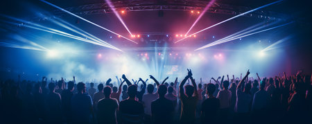 Concert crowd in front of a stage with lights and smoke.の素材