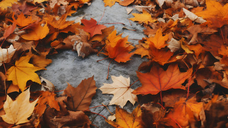 Autumn leaves on the ground. Colorful background. Top view.の素材