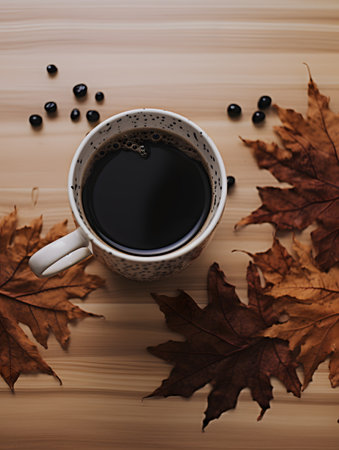 Cup of coffee with autumn leaves on wooden background. Top view.の素材