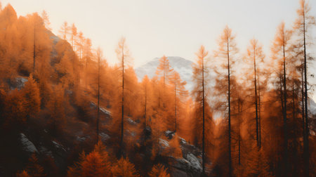Mountain landscape with pine trees in the autumn forest at sunset.の素材