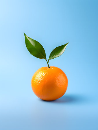 Fresh orange with green leaf on blue background, 3d illustration.の素材