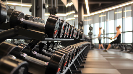 Dumbbells in a row in a modern fitness club.の素材