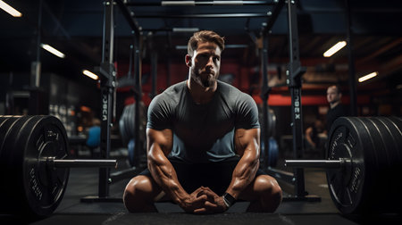 Handsome Muscular Man Doing Heavy Weight Exercise For Back On Machine In Gymの素材