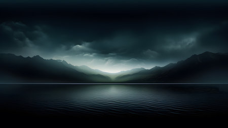 Dark stormy landscape with lake and mountains. 3D Renderingの素材