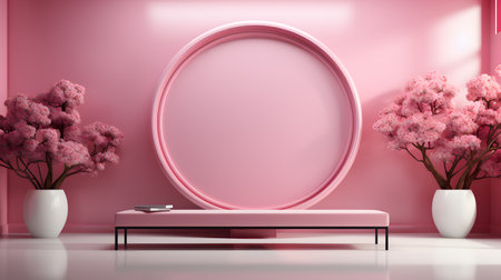 Pink room with a round mirror and a flower vaseの素材