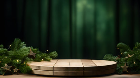 Christmas background with wooden podium and Christmas tree branches.の素材