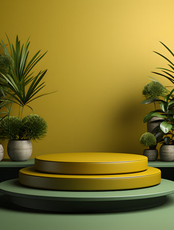 Minimal product display podium with potted plants.の素材
