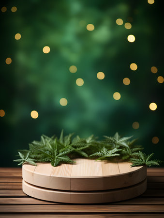 Wooden podium with marijuana leaves on green bokeh background.の素材