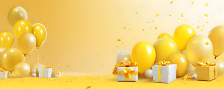Golden balloons, gift boxes and confetti on yellow backgroundの素材