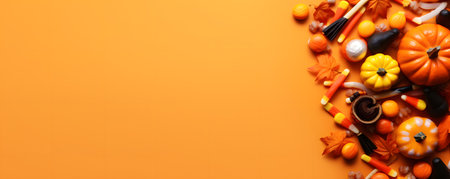 Halloween background with pumpkins and candies on orange. Space for textの素材